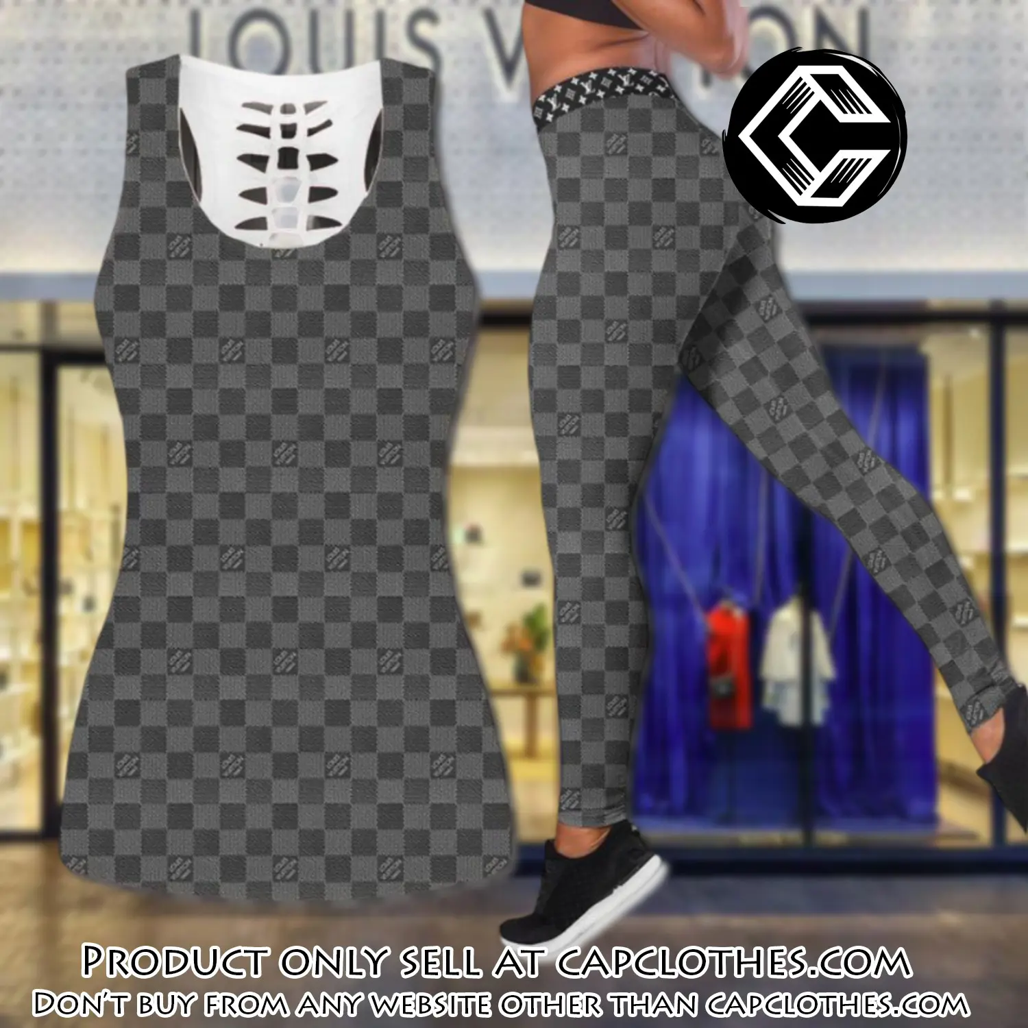 Louis vuitton grey tank top leggings set luxury brand lv for women yoga gym cc5652973